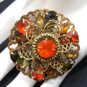Mid-Century Orange Green Topaz Rhinestone Brooch, Filigree, 1950s Vintage